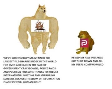 Big chad dog representing The Pirate Bay-  WE'VE SUCCESSFULLY MAINTAINED THE  LARGEST FILE-SHARING INDEX IN THE WORLD  AND ALL FOR OVER A DECADE IN THE FACE OF  ‘GOVERNMENT CRACKDOWNS, POLICE RAIDS, AND POLTICIAL PRESSURE THANKS TO ROBUST INTERNATIONAL HOSTING AND MIRRORING SCHEMES BECAUSE FREEDOM OF INFORMATION IS AN ESSENTIAL HUMAN RIGHT' next to small cowering virgin dog pathetically bleating 'HEWLP MY AWS INSTANCE GOT SHUT DOWN AND MY USERS COMPWOMISED' 