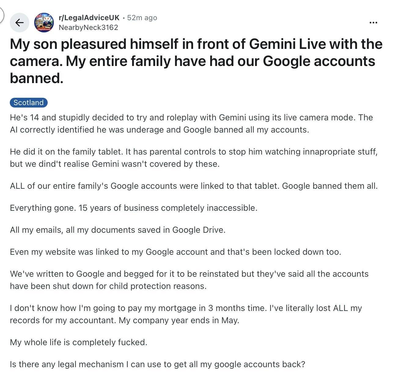 screenshot of Reddit LegalAdviceUK regarding Google account banning